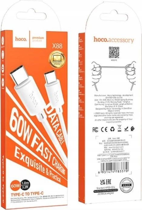 USB kabelis Hoco X88 "USB-C (Type-C) į USB-C (Type-C)" (60W) 1m baltas