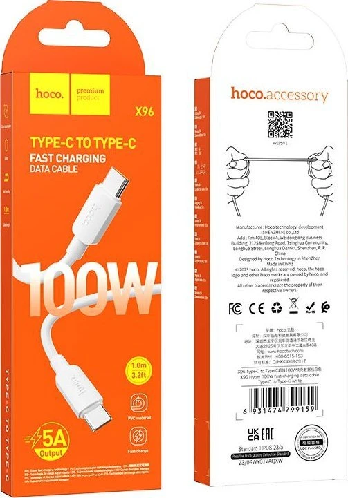 USB C į USB C laidas Hoco PD 6A 100W 1 m X96 baltas