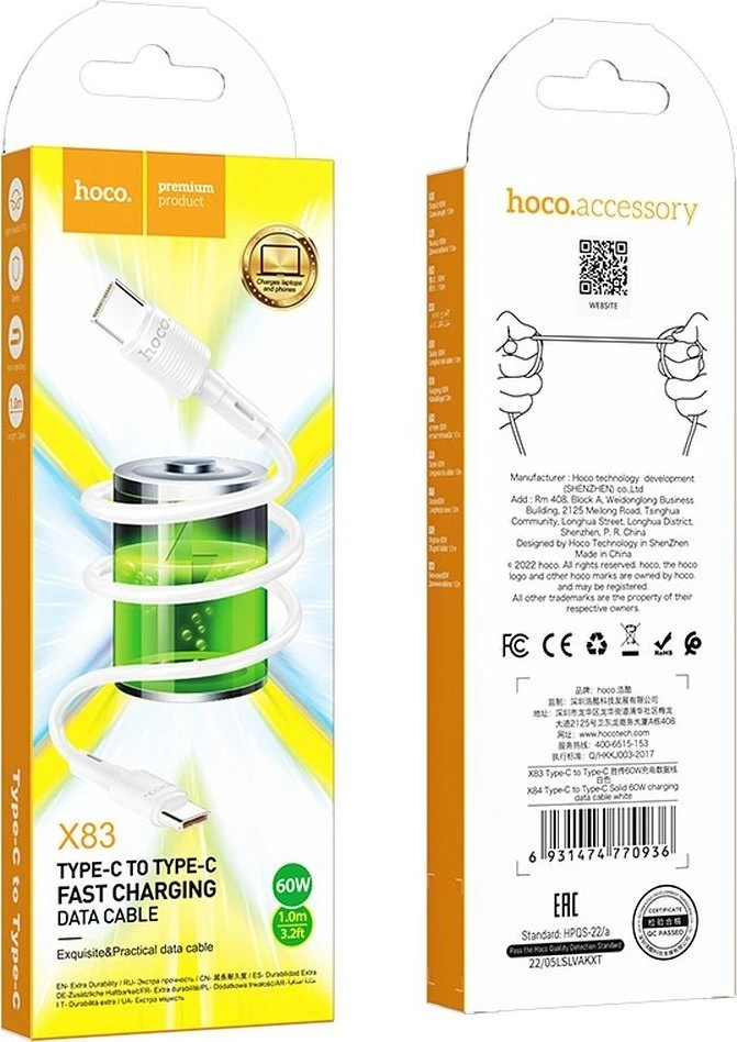 USB kabelis Hoco X83 60W Type-C iki Type-C 1.0m baltas