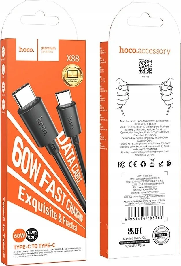 USB kabelis Hoco X88 "USB-C (Type-C) to USB-C (Type-C)" (60W) 1m juodas
