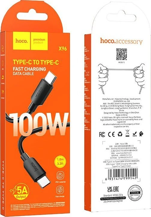 Cable USB C to USB C Hoco PD 6A 100W 1 m X96 juodas