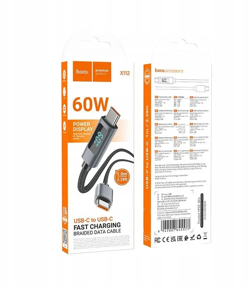 USB C laidas į USB C Hoco 3A 60W su ekranu 1 m X112 juodas