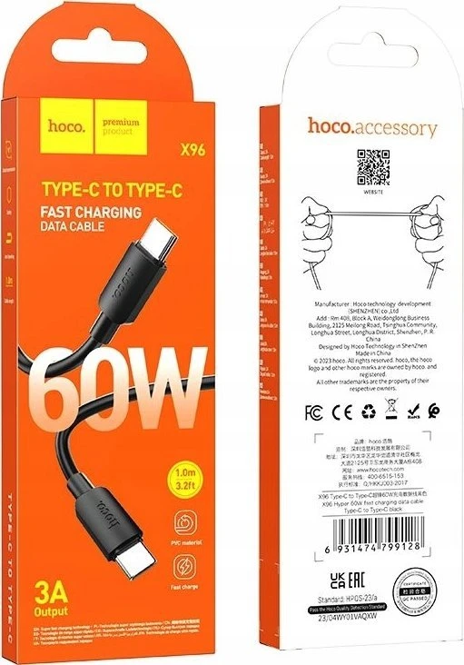 Cable USB C to USB C Hoco 3A 60W 1 m X96 juodas
