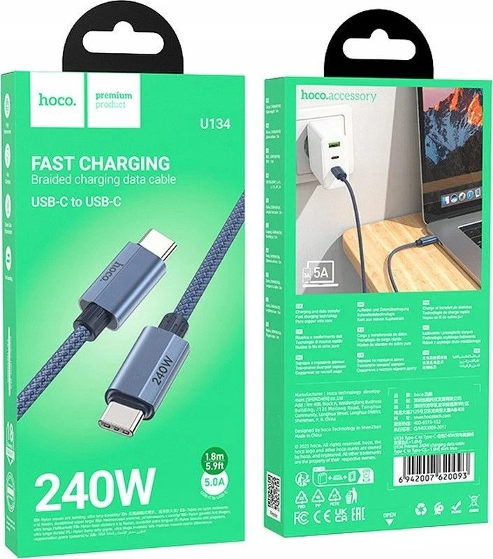 USB C į USB C laidas Hoco QC3.0 PD 5A 240W 1,8 m U134 pilka