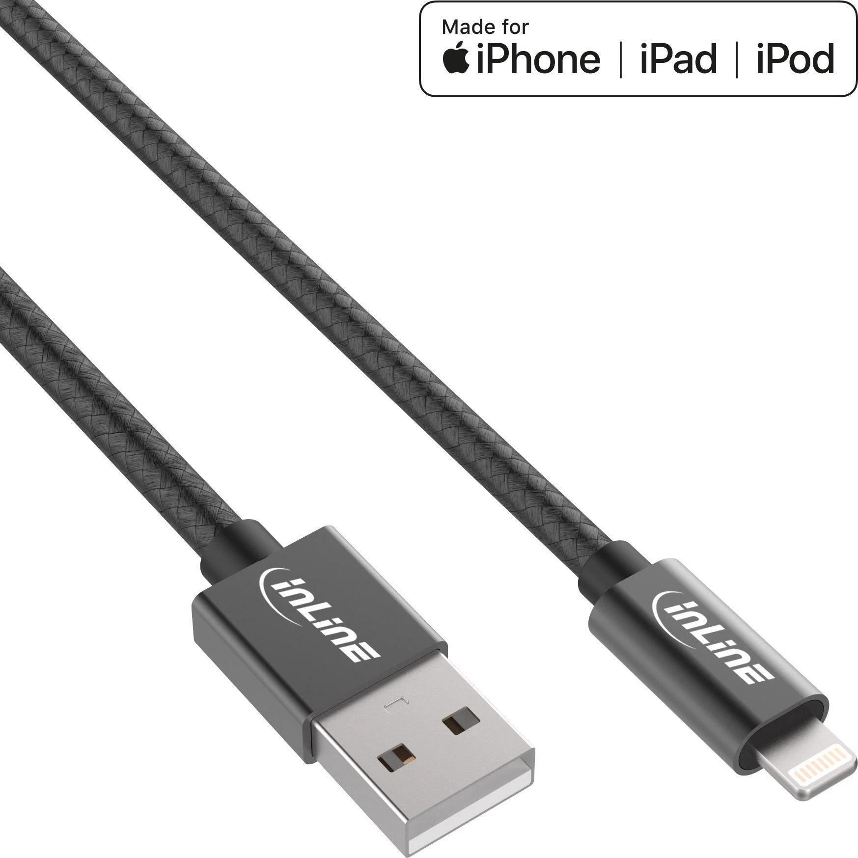 InLine Lightning USB kabelis, juodas/aliuminis, 2m MFi sertifikuotas