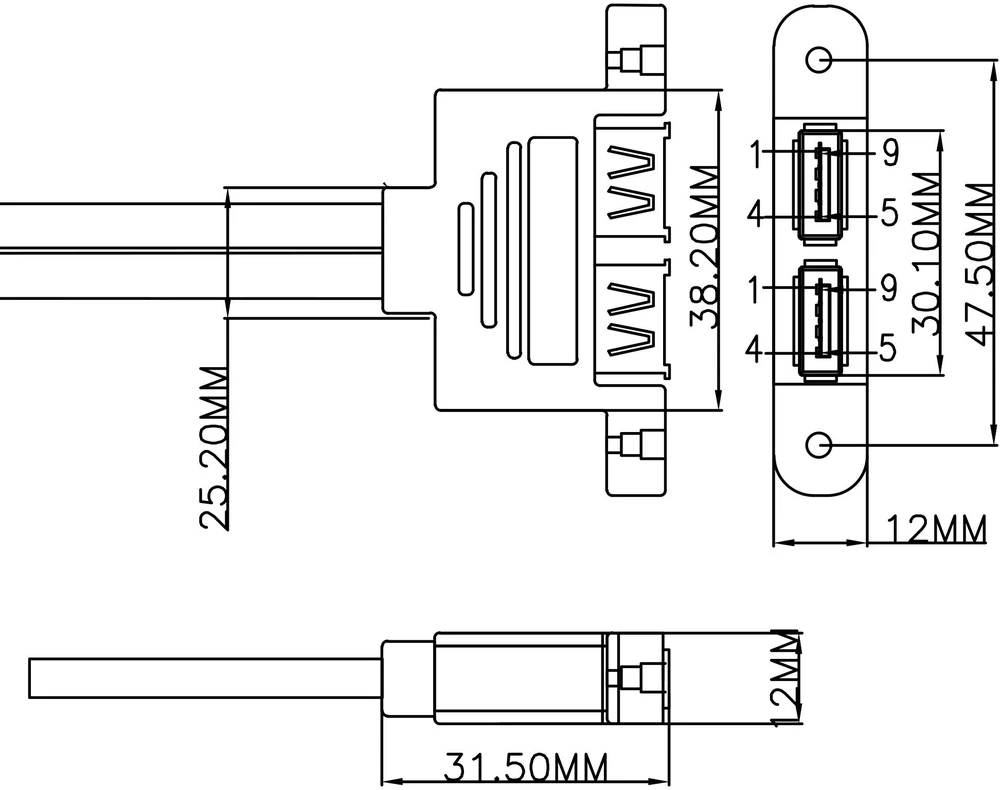 USB laidas „Inline“ 2x USB-A - 19 kontaktų, 0,45 m, juodas