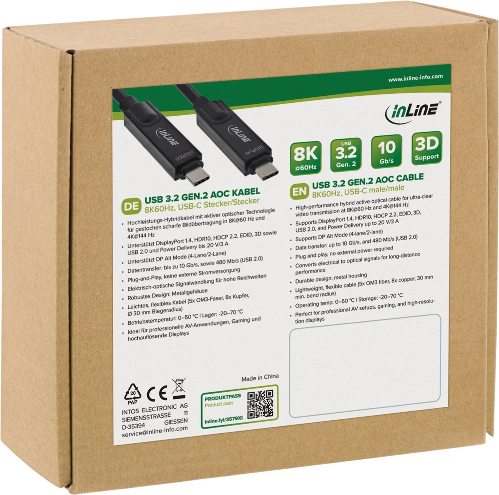 USB kabelis InLine USB-C - USB-C 7,5 m Juodas