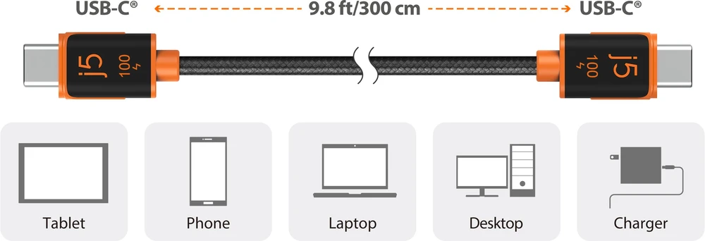 USB kabelis j5create USB-C 100 W sinchronizavimo ir įkrovimo laidas (JUCX25L30-N)