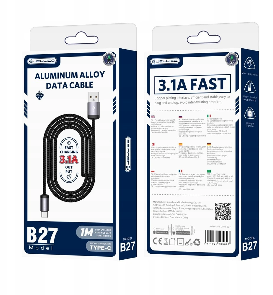 Jellico B27 Pīta auduma Universāla USB uz USB-C Datu un Ātrās PD 30W uzlādes Kabelis 1m Melns