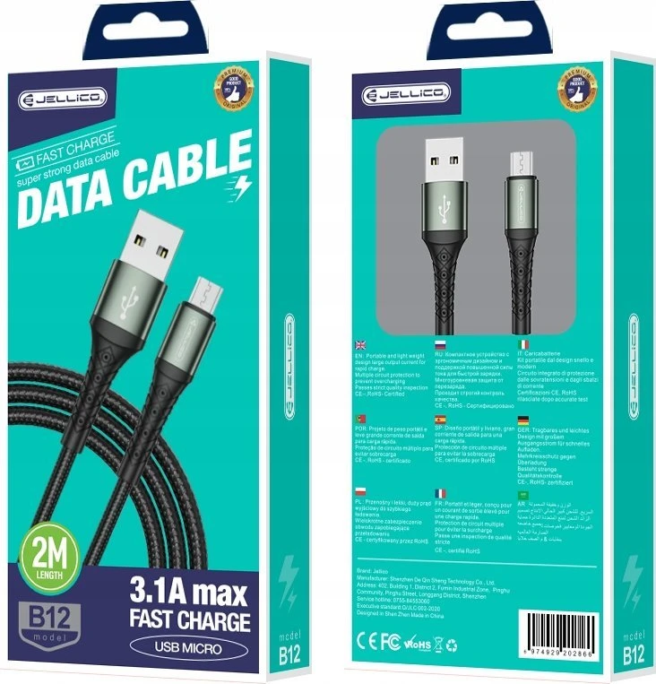 Įkroviklio laidas,Jellico B12 nailoninis pintas universalus mikro USB prie USB duomenų ir greitas 3.1A , 2 m juodas
