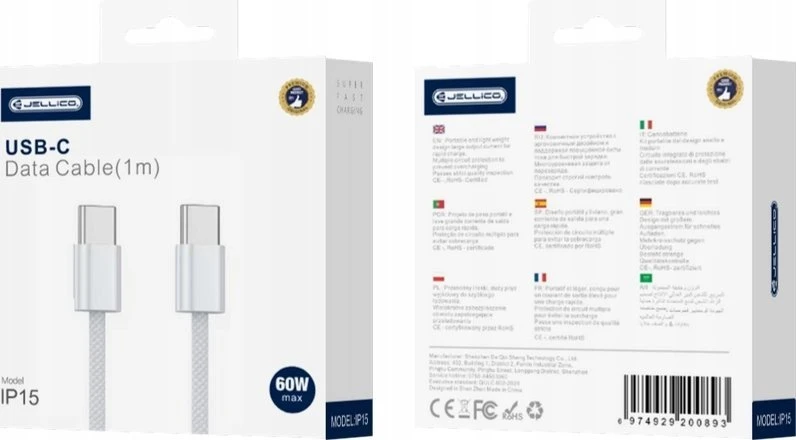 Jellico IP15 Pīta auduma iPhone 15 / 16 USB-C uz USB-C Datu & Ātrās PD 60W uzlādes kabelis 1m Balts