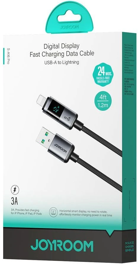 Joyroom S-A16 Pro Prism Series 3A USB-A – Lightning kabelis su Ekranas 1.2m – juodos spalvos