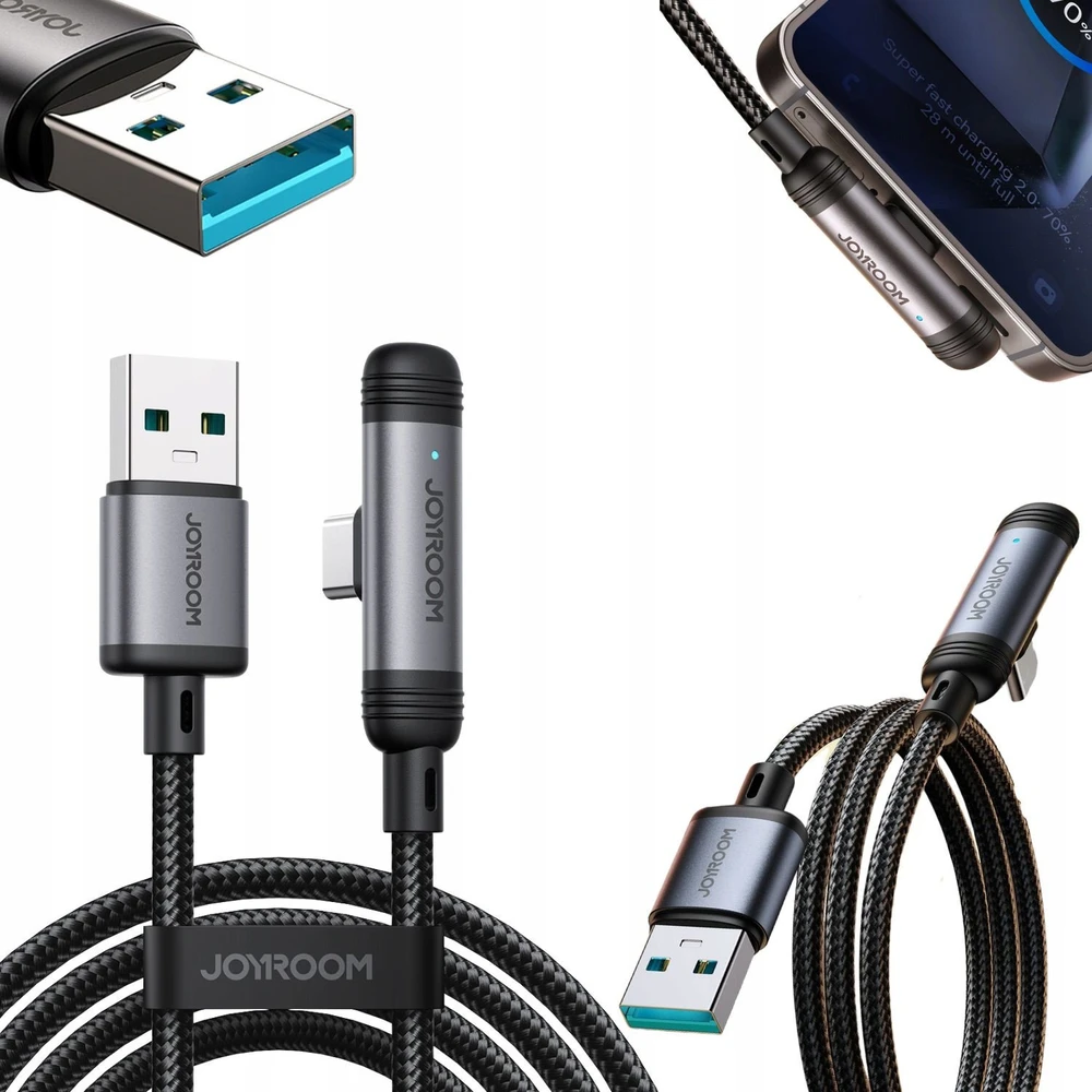 Joyroom S-A56 EnjoyX Series 90° USB-A – USB-C 3A kabelis 1.2m – juodos spalvos
