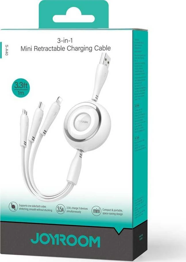 3in1 Joyroom Spalvingas USB į USB-C/Lightning/Micro USB laidas 3.5A, 1m (baltas)