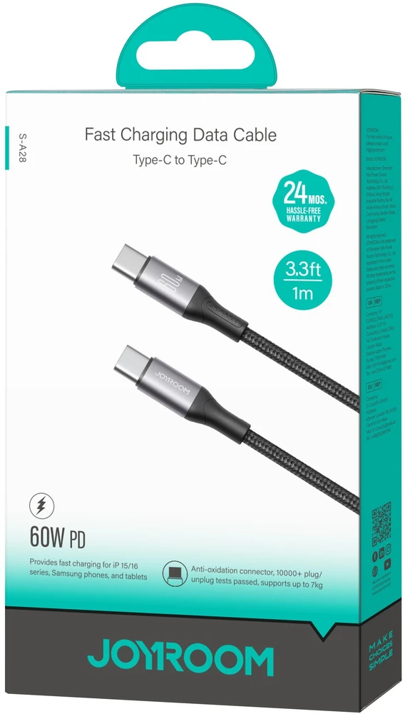 USB kabelis Joyroom S-A28 USB-C to USB-C 60W 1.0m juodas