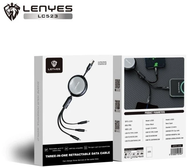 Kabelis USB Lenyes USB-A - USB-C + microUSB + Lightning 1.2 m Juodai-pilka