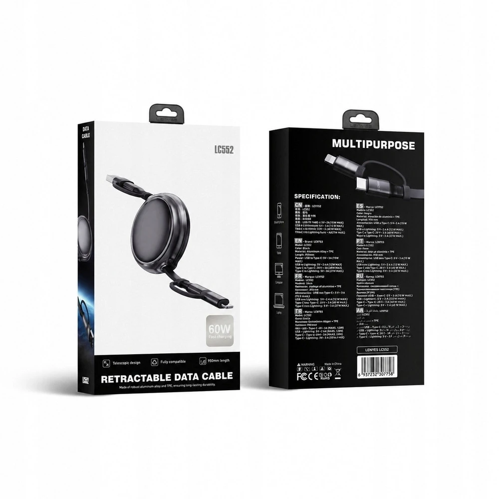 Kabelis USB Lenyes USB-A + USB-C - USB-C + Lightning 0.95 m Juodai-pilka