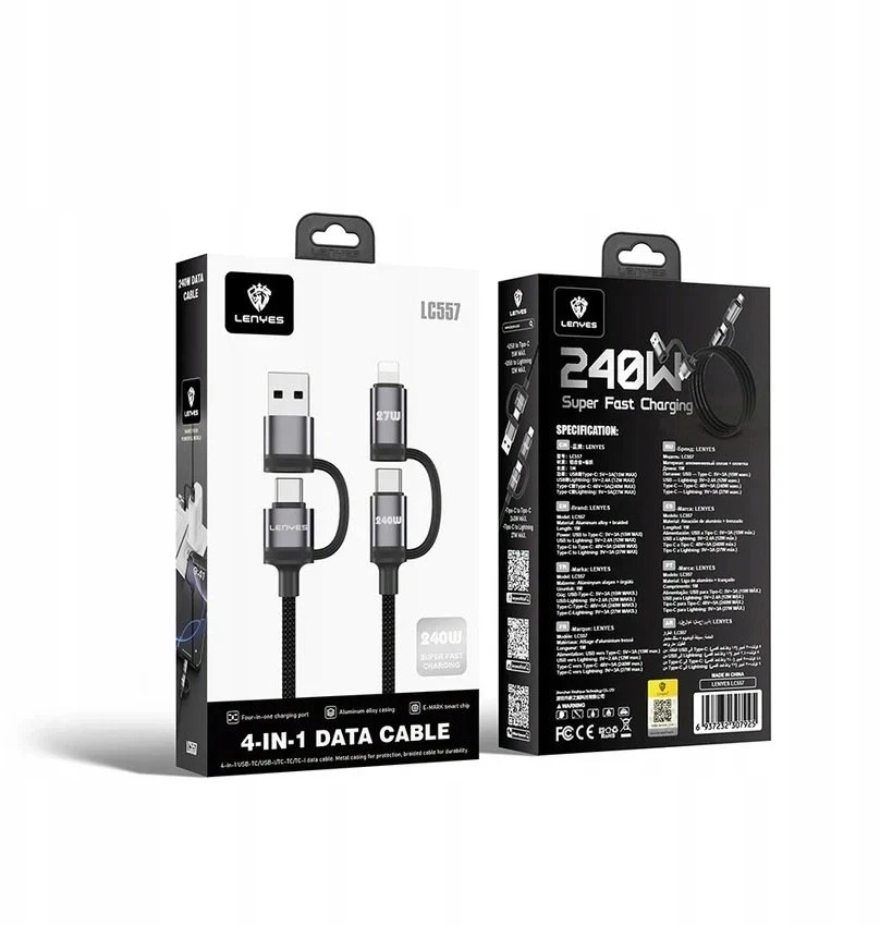 USB kabelis Lenyes USB-A + USB-C - USB-C + Lightning 1 m Juodai pilkas
