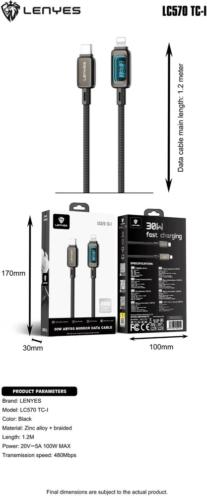 Kabelis USB Lenyes USB-C - Lightning 1.2 m Juodas