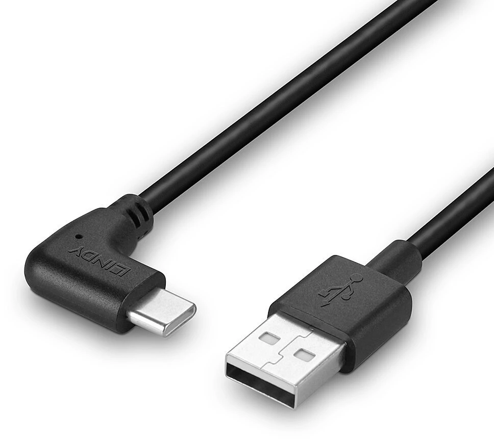 USB Kabelis - LINDY USB 2.0 Tipo A į C Laidas, 90° Dešinysis Kampas, 480Mbps, 15W, 1 m, Juodas