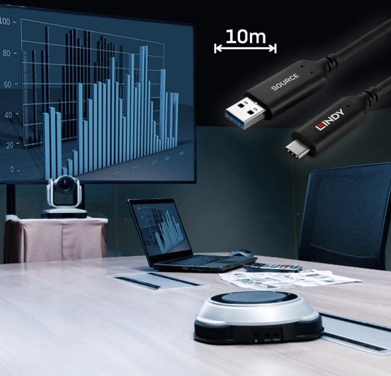 USB Kabelis - LINDY USB 3.2 Type A į C Laidas, Hibridinis, M/M, 5Gbps, 10 m, Juodas