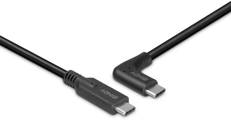 USB Kabelis - LINDY USB 3.2 Type C Laidas, M/M, 90° Kampas, 10Gbps, 60W PD, 0.5 m, Juodas