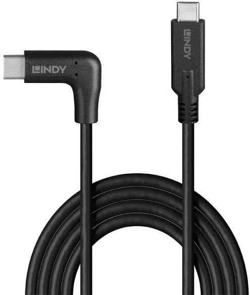 USB Kabelis - LINDY USB 3.2 Type C Laidas, M/M, 90° Kampas, 10Gbps, 60W PD, 0.5 m, Juodas