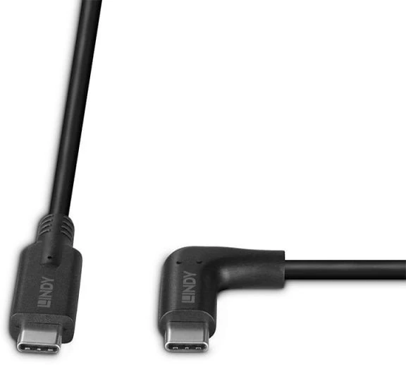 USB Kabelis - LINDY USB 3.2 Type C Laidas, M/M, 90° Kampas, 10Gbps, 60W PD, 0.5 m, Juodas