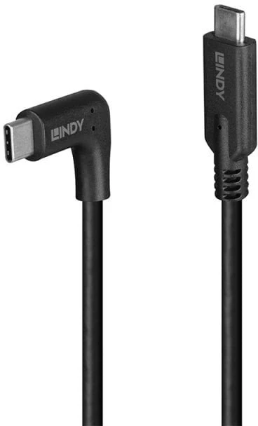 USB Kabelis - LINDY USB 3.2 Type C Laidas, M/M, 90° Kampas, 10Gbps, 60W PD, 0.5 m, Juodas