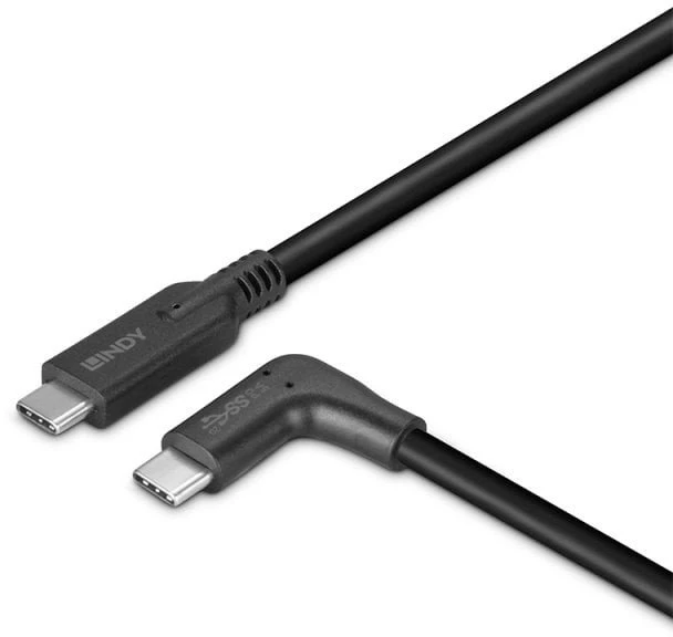 USB Kabelis - LINDY USB 3.2 Type C Laidas, M/M, 90° Kampas, 10Gbps, 60W PD, 0.5 m, Juodas