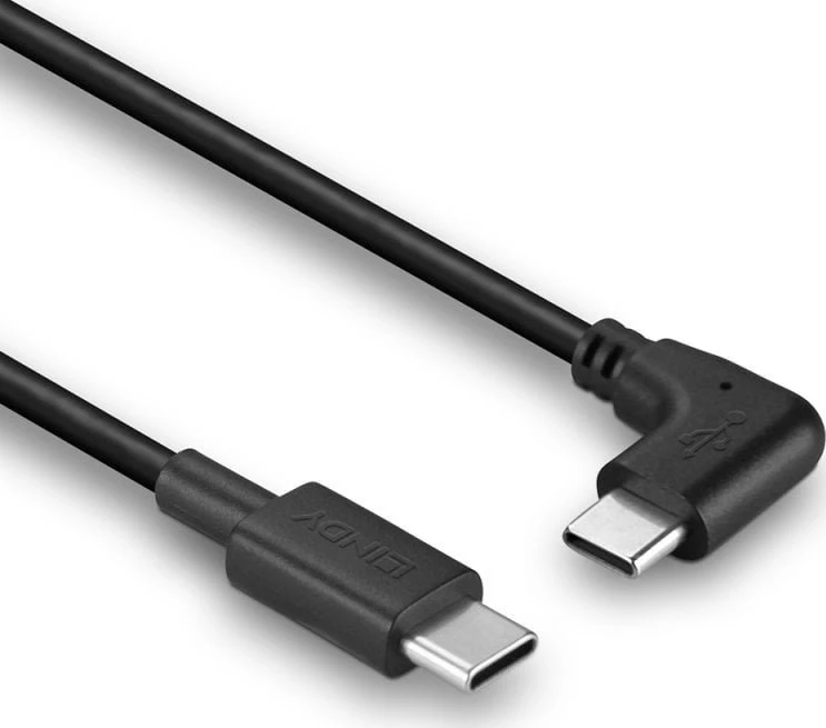 USB Kabelis - LINDY USB 2.0 Type C Laidas, M/M, 90° Dešiniu Kampu, 60W PD, 1 m, Juodas