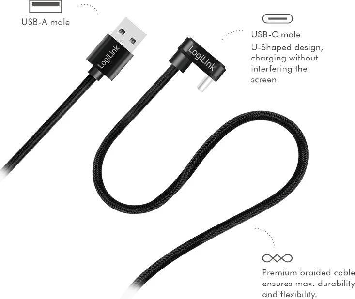 „LogiLink“ USB 2.0 | USB-A - USB-C 1,0 m, 60 W, pintas, kampinis, juodas