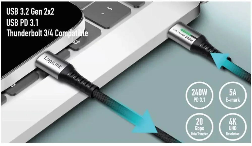LogiLink USB-C 20 Gb/s, 240W 2.0m braided juoda