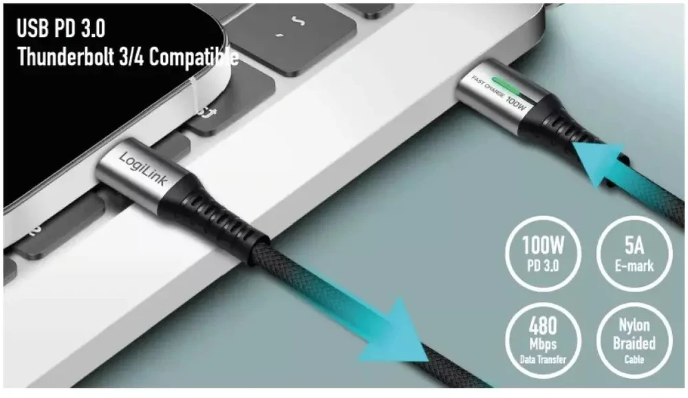 LogiLink USB-C 480 Mb/s, 100 W 3,0 m pintas juodas