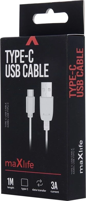 USB laidas Maxlife Type-C FastCharging baltas, 3.0A, 1.0m