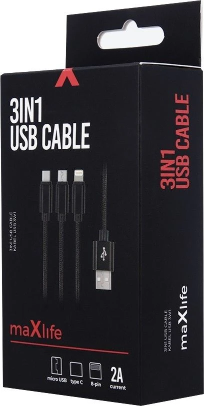 Maxlife Nylon 3in1 USB laidas A tipas - microUSB + Lightning + USB tipas C - juodas - 1m