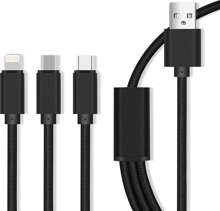 Maxlife Nylon 3in1 USB laidas A tipas - microUSB + Lightning + USB tipas C - juodas - 1m