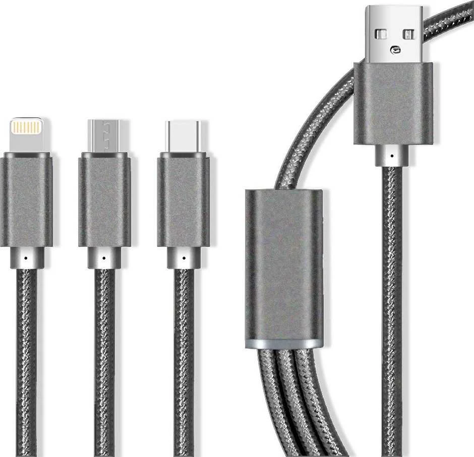 Maxlife 3in1 laidas USB – Lightning + USB-C + microUSB 1,0 m 2,1A pilkas nailoninis