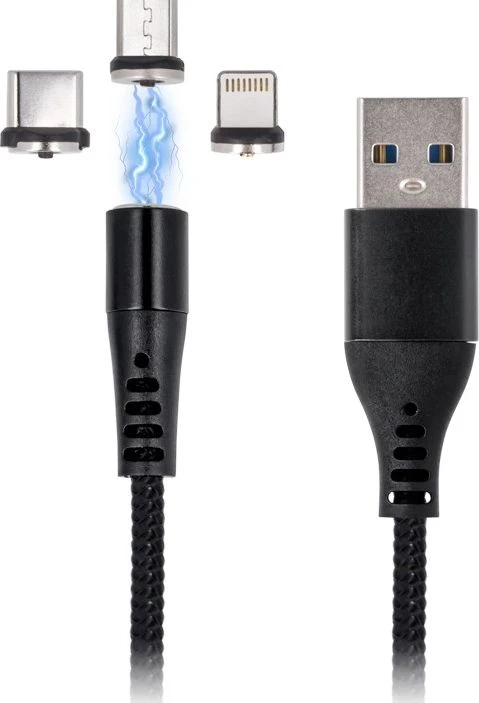 Maxlife MXUC-03 magnetinis laidas USB – Lightning + USB-C + microUSB 1,0 m 3A juodas nailoninis