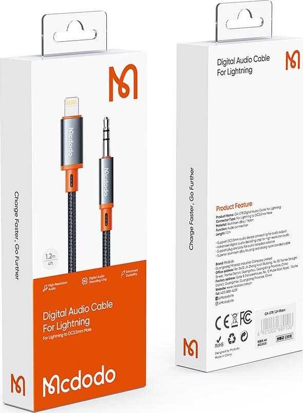 Mcdodo CA-0780 Lightning iki 3.5 mm AUX mini lizdo kabelis, 1.2 m (juodas)