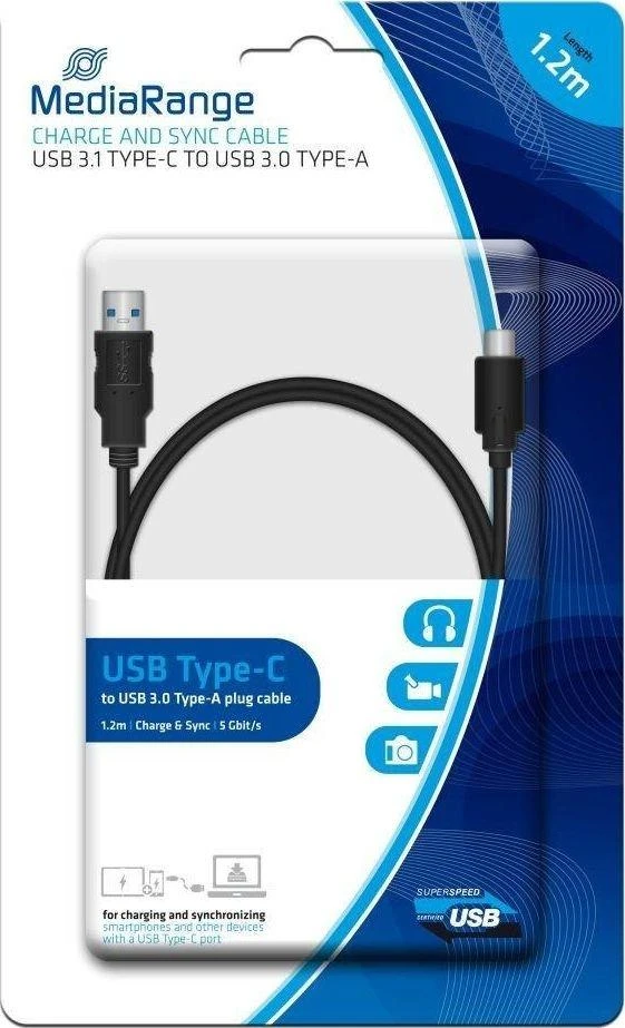 USB MediaRange USB-A – USB-C 1,2 m kabelis Juodas (MRCS160)
