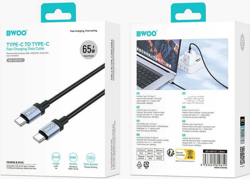 Mentor BWOO BO-X401CC braided cable USB-C - USB-C 1m PD 65W juodas