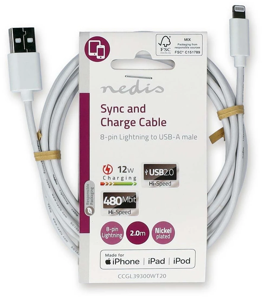 Kabelis USB Nedis Lightning 2 m Baltas (CCGL39300WT20)