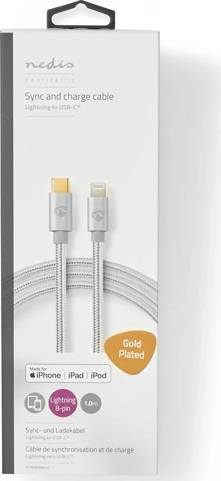 Nedis USB laidas | USB 2.0 | Apple Lightning 8 pin | USB-C™ jungtis | 480Mbps | Paauksuotas | 2,00m | apvalus | Pintas / nailonas | Aliuminis | pakavimas