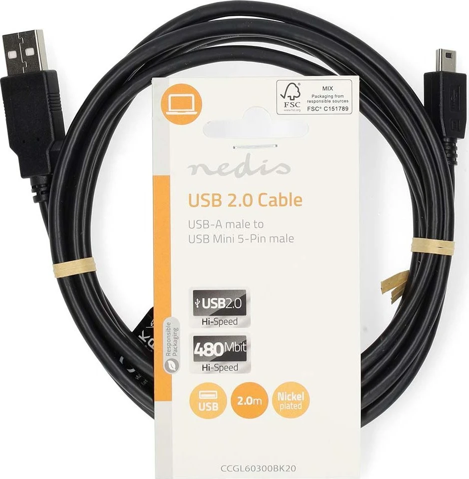 Kabelis USB Nedis USB-A - miniUSB 2 m Juodas (CCGL60300BK20)