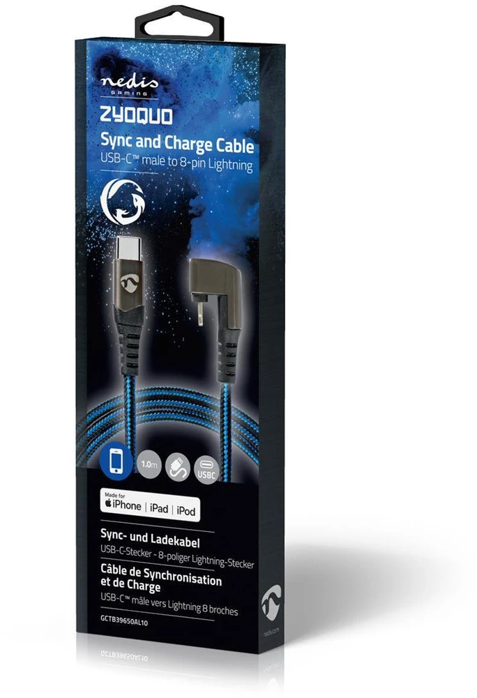 NEDIS USB laidas USB 2.0 | Apple Lightning 8 pin | USB-C™ jungtis | 60W | 480Mbps | Nikeliuotas | 1,00 m | apvalus | Pintas / nailonas | Mėlyna/Juoda