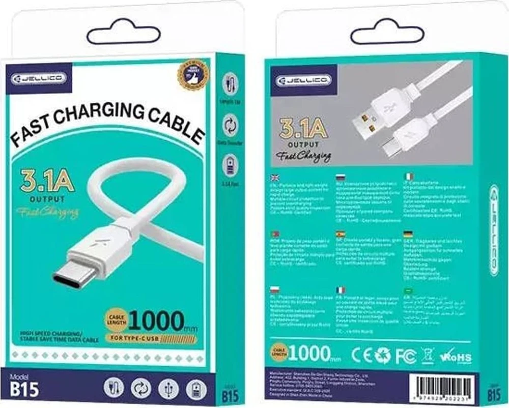 Jellico B15 Izturīgs-Mīksts Universāls USB-C uz USB Datu & Ātrās Uzlādes 3.1A kabelis 1m