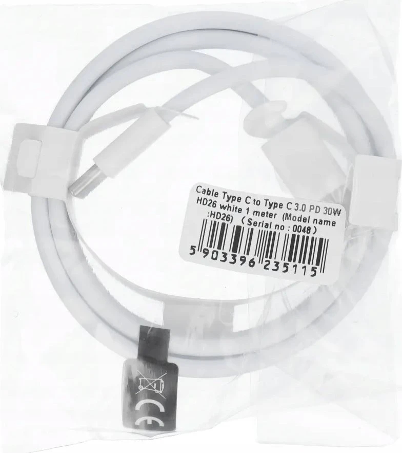 OEM kabelis C tipo į C tipo PD QC3.0 3A 30W HD26 1 m baltas