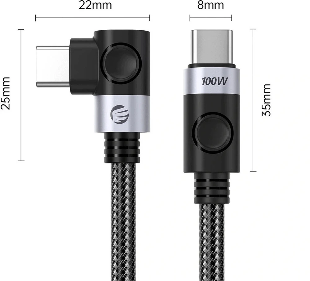 Orico C2CWT USB-C į USB-C PD kampinis kabelis 100W 20Gbps 4K 60Hz 2m - Juodas