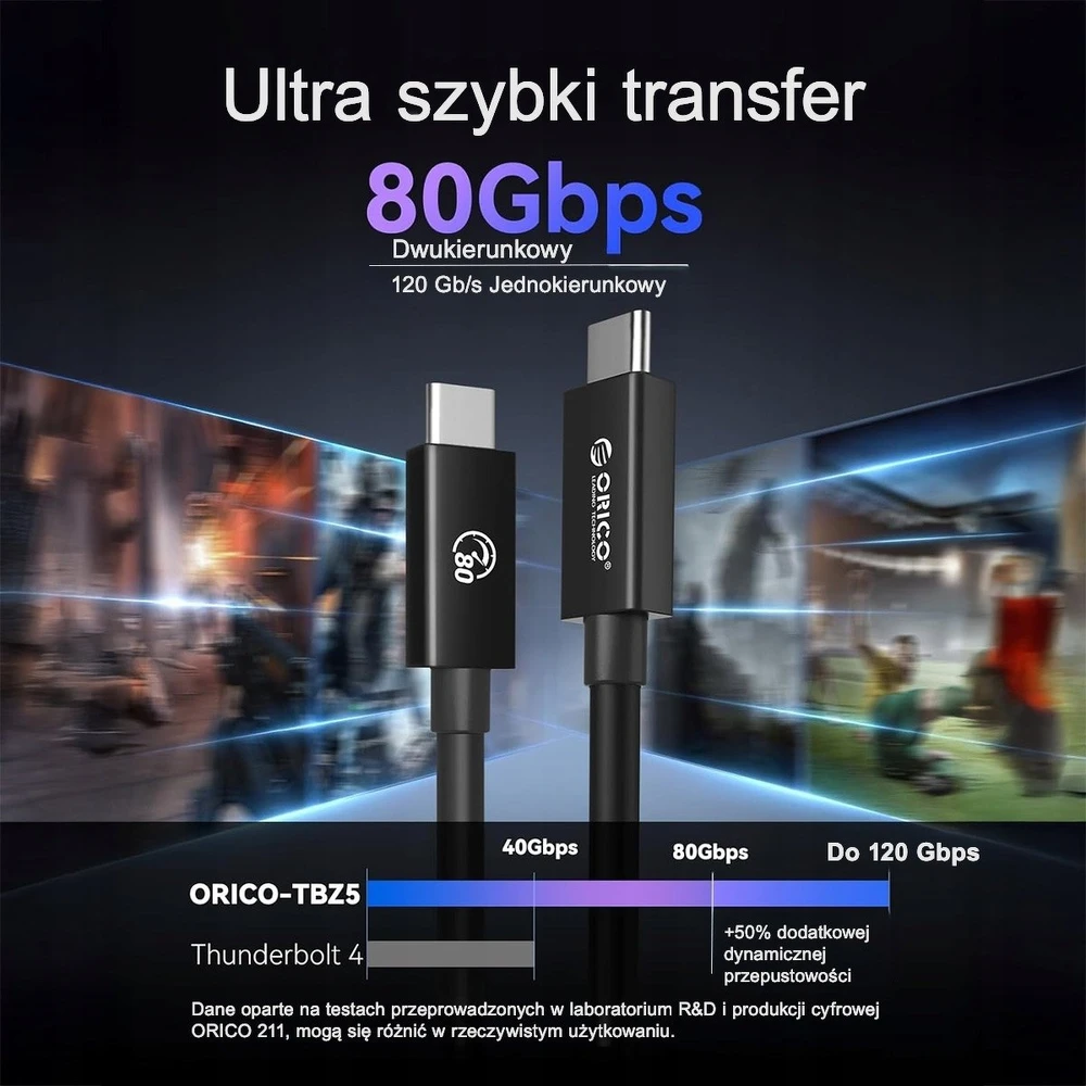 Orico Thunderbolt 5 USB-C kabelis 80Gbps, 240W, 8K@60Hz, 1.5m, juodas